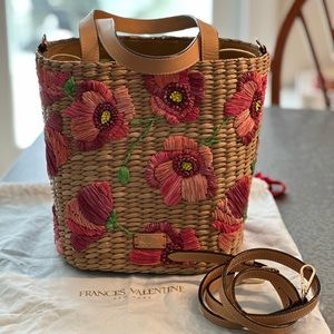 EUC FRANCES VALENTINE Leather Trimmed Spring Flower Poppy Straw Bucket Bag